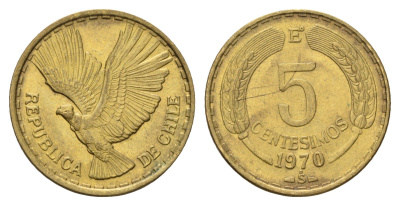 Чили 5 сентесимо 1970 KM 190 алюминиевая бронза 4688-253
