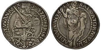 Швеция 1 далер 1544 Густав Ваза, сокращенное написание года 44 Dav. 1736, Ahlstrom 157 b серебро 10-020-38