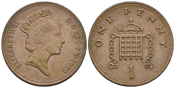 Великобритания 1 пенни 1989 Елизавета II (1952-2022) KM 935, Spink 4381 (B3) бронза 4609-965