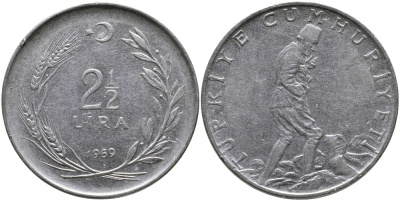ТУРЦИЯ 2 1/2 ЛИРЫ 1969 KM 893.2 нержавеющая сталь 29-615