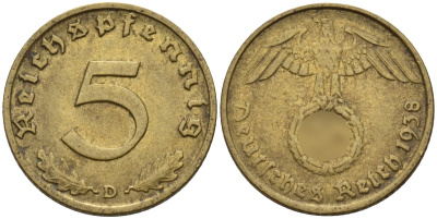 Германия 5 рейхспфеннигов 1938 D KM 91, J. 363 алюминиевая бронза 4151-836
