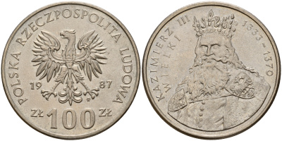 Польша 100 злотых 1987 MW, серия Польские короли, король Казимир III Великий (1333-1370) KM 167 медно-никель UNC 4599-731