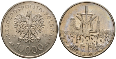 Польша 10000 злотых 1990 MW, 10 лет профсоюзу "Солидарность" KM 195, Parchimowicz 604 медно-никель UNC 88-1214