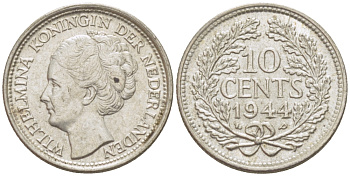 Нидерланды 10 центов 1944 Вильгельмина (1890-1948) KM 163 серебро aUNC 4392-1343