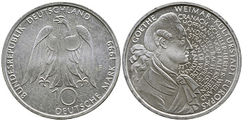 ФРГ 10 марок 1999 F, 250 лет со дня рождения Иоганна Гете KM 197 серебро UNC 4111-415