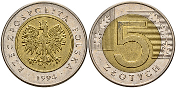 Польша 5 злотых 1994 MW KM 284 биметалл    4161-1121