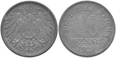 ГЕРМАНИЯ 10 ПФЕННИГОВ 1921 (1917-1922) KM 26, J. 299, Weege 8 цинк 210-233