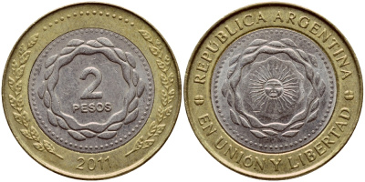 Аргентина 2 песо 2011 майское солнце KM 165 биметалл aUNC M20-6