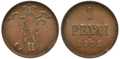 Россия для Финляндии 1 пенни 1909 Николай II (1894-1917) KM 13, Биткин 470 медь 53-545