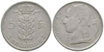 Бельгия 5 франков 1949 Леопольд III (1934-1950), Belgique KM 134.1 медно-никель    4603-1033