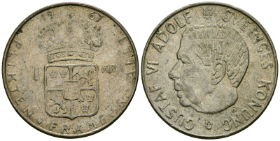 Швеция 1 крона 1967 U, Густав VI Адольф (1950-1973) KM 826 серебро 4177-1022