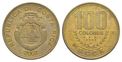 Коста-Рика 100 колонов 2007 KM 240a сталь плакированная латунью aUNC 4631-931