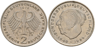 ФРГ 2 марки 1974 G, Конрад Аденауэр KM 124, J. 406 медно-никель 4159-1234