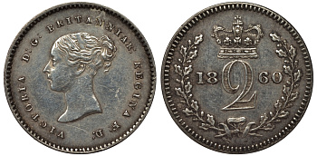Великобритания 2 пенса 1860 Виктория (1837-1901) Spink 3919, KM 729 серебро PROOFLIKE 1524-434
