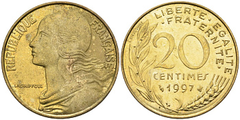 ФРАНЦИЯ 20 САНТИМОВ 1997 ТИП MARIANNE KM 930, LE FRANC 156.41 медь алюминий никель 4573-1055