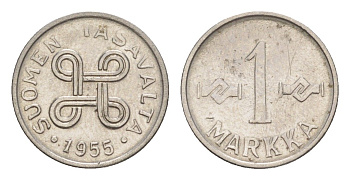 Финляндия 1 марка 1955 KM 36a железо плакированное никелем 4647-432
