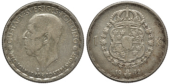 Швеция 1 крона 1942 G, Густав V (1907-1950) KM 814 серебро 4178-535
