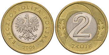 Польша 2 злотых 2006 самый редкий год выпуска KM 283 биметалл UNC 4566-353