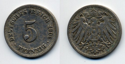 ГЕРМАНИЯ 5 ПФЕННИГОВ 1906 D, KM 11, J. 12 медно-никель 76-531