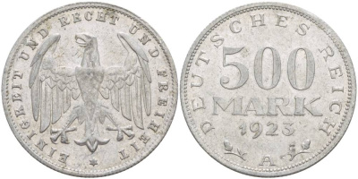 ГЕРМАНИЯ 500 МАРОК 1923 А KM 36, J. 305, Weege 23 алюминий 4544-1227