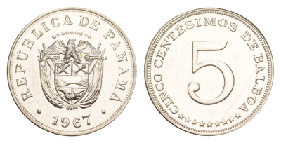 Панама 5 сентесимо 1967 тираж 20.000 экземпляров KM 23.2 медно-никель PROOF 1524-523