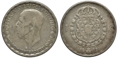 Швеция 1 крона 1942 G, Густав V (1907-1950) KM 814 серебро 4178-535