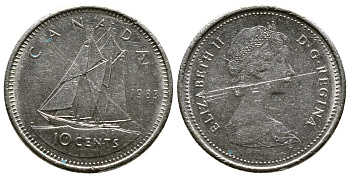 Канада 10 центов 1983 Елизавета II (1953- ), парусник KM 77.2 никель 35-131
