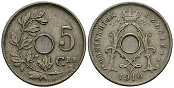 Бельгия 5 сантимов 1910 KONINGRIJK BELGI? KM 67 медно-никель 4164-1029