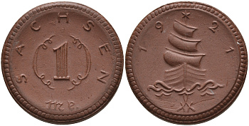 Саксония 1 марка 1921 парусник J. N 55 фарфор 1094-3-41