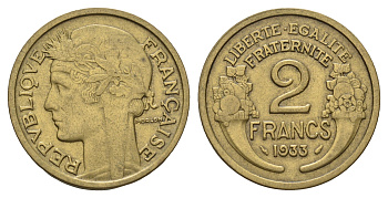 Франция 2 франка 1933 KM 886, Le Franc 219.3 алюминиевая бронза 3856-412