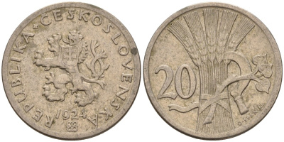 Чехословакия 20 геллеров 1924 KM 1 медно-никель 4156-126