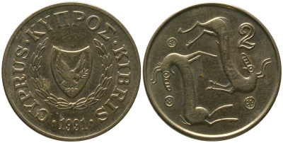 Кипр 2 цента 1991 KM 54.3 никель латунь 4158-369