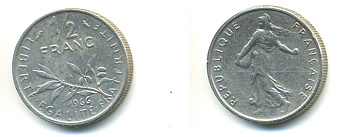 ФРАНЦИЯ 1/2 ФРАНКА 1966 СЕЯТЕЛЬ KM 931.1, LE FRANC 198.5 никель 83-324