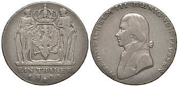 Пруссия 1 талер 1803 А, PRUSSEN ошибка в названии!! Dav. 755 var., Kahnt 361 b, Old. 102 d, Thun 242 Anm серебро 10-009-66