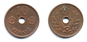 ФИНЛЯНДИЯ 10 ПЕННИ 1942 KM 33.1 медь 51-4944