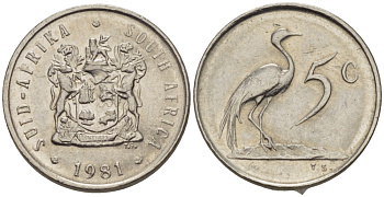 ЮАР 5 центов 1981 герб, райский журавль KM 84 никель 66-334