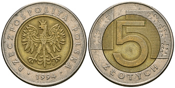 Польша 5 злотых 1994 MW KM 284 биметалл 4584-227
