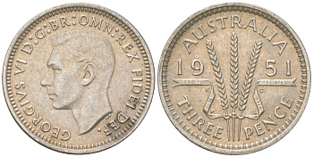 Австралия 3 пенса 1951 PL, Георг V (1936-1952) KM 44 серебро 4621-1224
