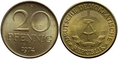ГДР 20 пфеннигов 1974 А KM 11 латунь UNC 54-2126