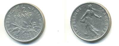 ФРАНЦИЯ 1/2 ФРАНКА 1966 СЕЯТЕЛЬ KM 931.1, LE FRANC 198.5 никель 83-324