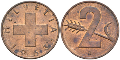 Швейцария 2 раппена 1963 В KM 47 бронза 4586-122