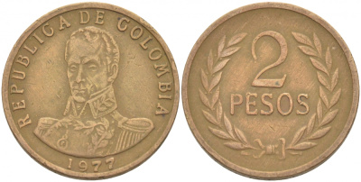 Колумбия 2 песо 1977 Симон Боливар KM 263 бронза 4448-843