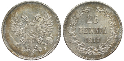 Россия для Финляндии 25 пенни 1917 S, временное правительство, без короны KM 19, Биткин 2 серебро 75-1448