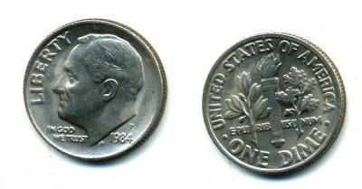 США 10 ЦЕНТОВ = 1 ДАЙМ 1984 P, РУЗВЕЛЬТ KM 195а медь плакированная медно-никелем 46-2422