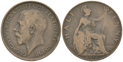 Великобритания 1/2 пенни 1918 Георг V (1910-1936) KM 809, Spink 4056 бронза 4616-734