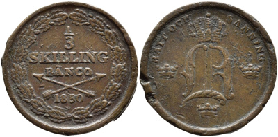 Швеция 1/3 скиллинга 1850 Оскар I (1844-1859), с двумя точками над A (ошибка) KM 657 медь 4393-344