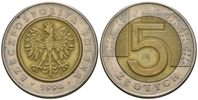 Польша 5 злотых 1994 MW KM 284 биметалл 4584-227