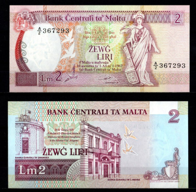 Мальта 2 лиры 1967 (1989) Pick 41 бумага 2198-20-2-1