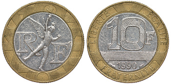 Франция 10 франков 1990 тип Гений Бастилии KM 964.1, Le Frank 375.5 биметалл 45-714