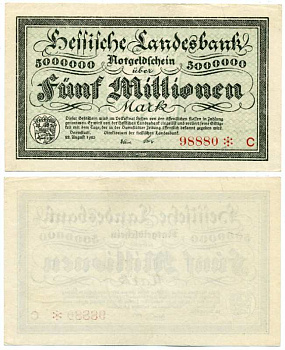 ДАРМШТАДТ, ГЕРМАНИЯ 5000000 МАРОК (5 МИЛЛИОНОВ МАРОК) 1923 22 АВГУСТА 1923, НОТГЕЛЬД, ЗЕМЛЯ ГЕССЕН, НОМЕР, СНЕЖИНКА, СЕРИЯ C, HESSESCHE LANDESBANK Keller 956a бумага аUNC 8613-26-2-1